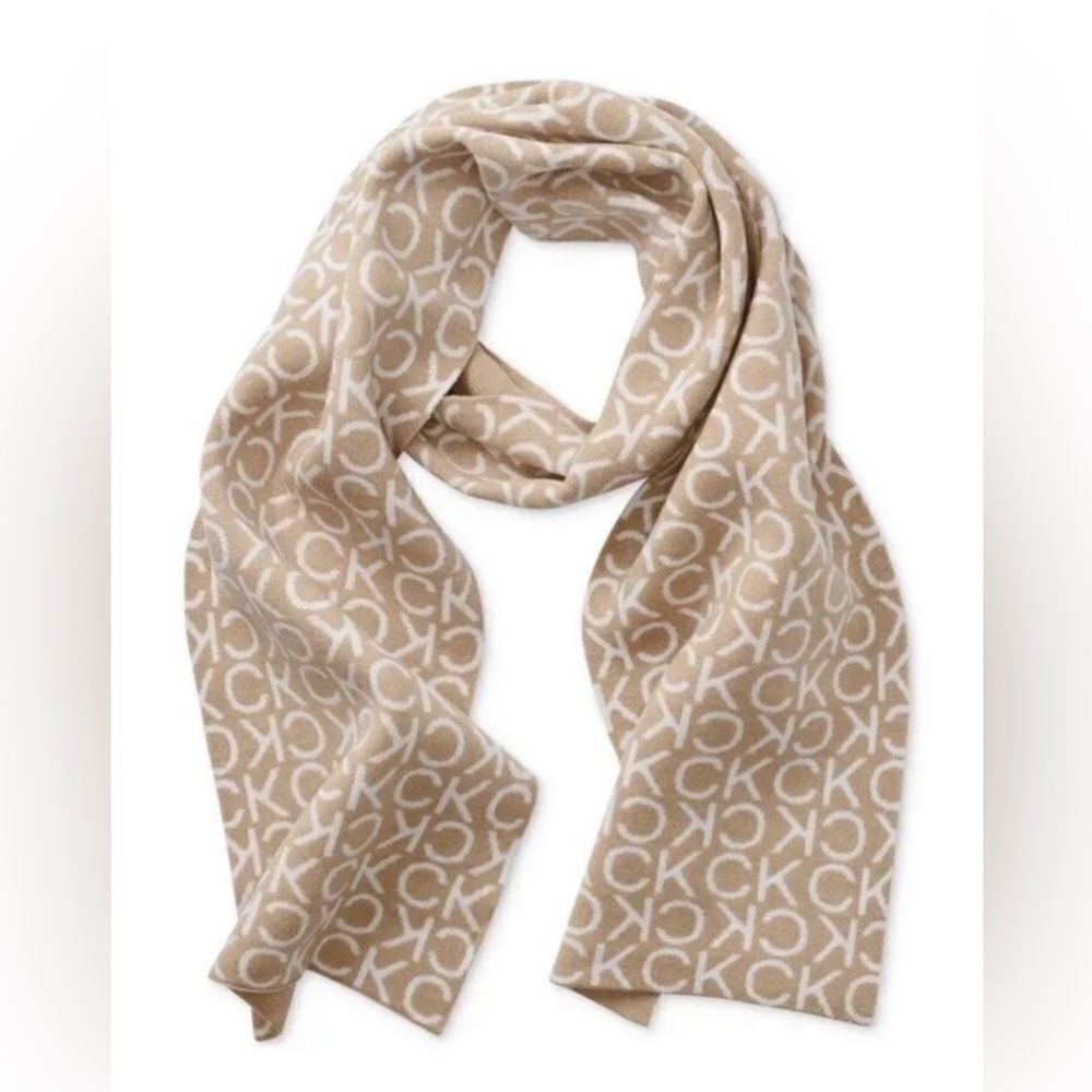 NWT Calvin Klein Logo Jacquard Scarf Reversible Heathered Almond Beige